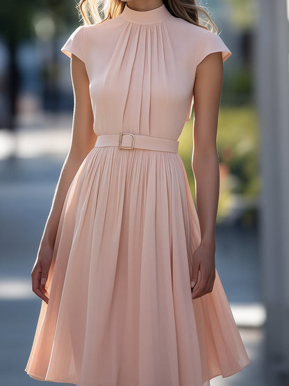 Blush Belted Midi Dress with Cap Sleeves Wedding Guest Dresses