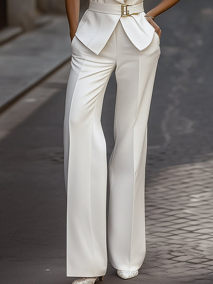 White Sleeveless Belted Pantsuit Set