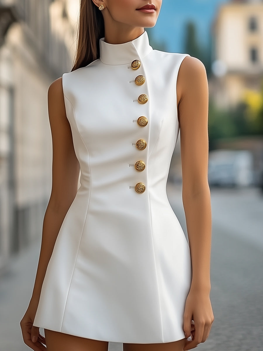 Golden Buttons Satin Sheath Dress with High Collar Wedding Guest Dresses