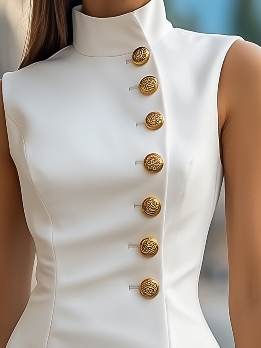 Golden Buttons Satin Sheath Dress with High Collar Wedding Guest Dresses