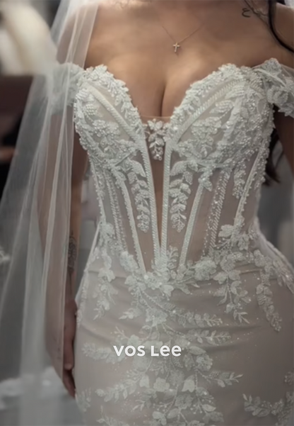 Off the Shoulder Sweetheart Appliques Lace Mermaid Wedding Dresses with Court Train