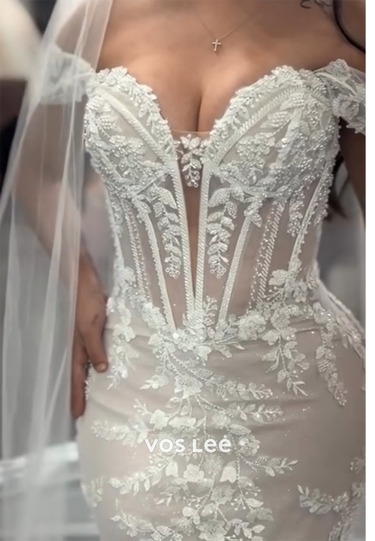 Off the Shoulder Sweetheart Appliques Lace Mermaid Wedding Dresses with Court Train
