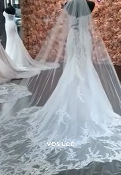 Off the Shoulder Sweetheart Appliques Lace Mermaid Wedding Dresses with Court Train
