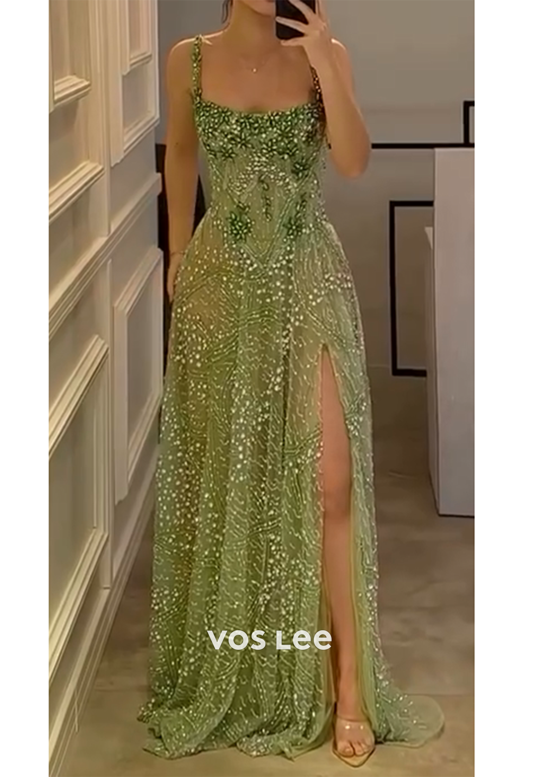 A-Line Spaghetti Straps Appliques Lace Rhinestone Square Prom Dresses with High Split