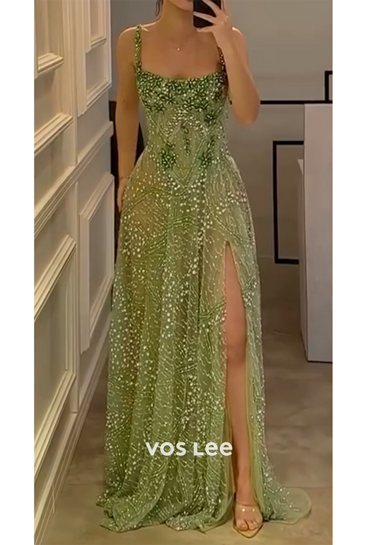 A-Line Spaghetti Straps Appliques Lace Rhinestone Square Prom Dresses with High Split
