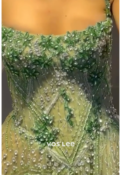 A-Line Spaghetti Straps Appliques Lace Rhinestone Square Prom Dresses with High Split