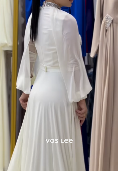 A-Line Long Sleeves High Neck Rhinestone Embellished Pleated Evening Dresses