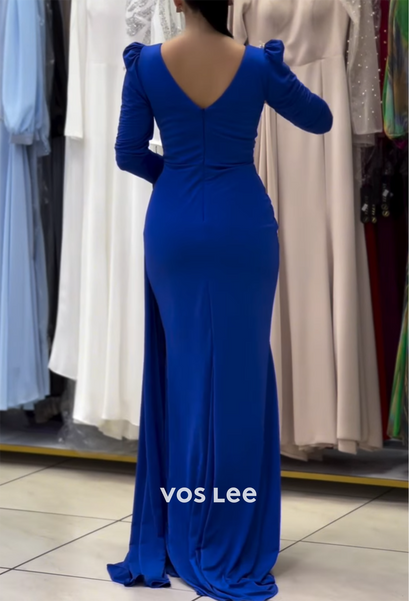 Royal Blue Long Sleeve Scoop Floor-Length Rhinestone Pleated Sheath Evening Dresses