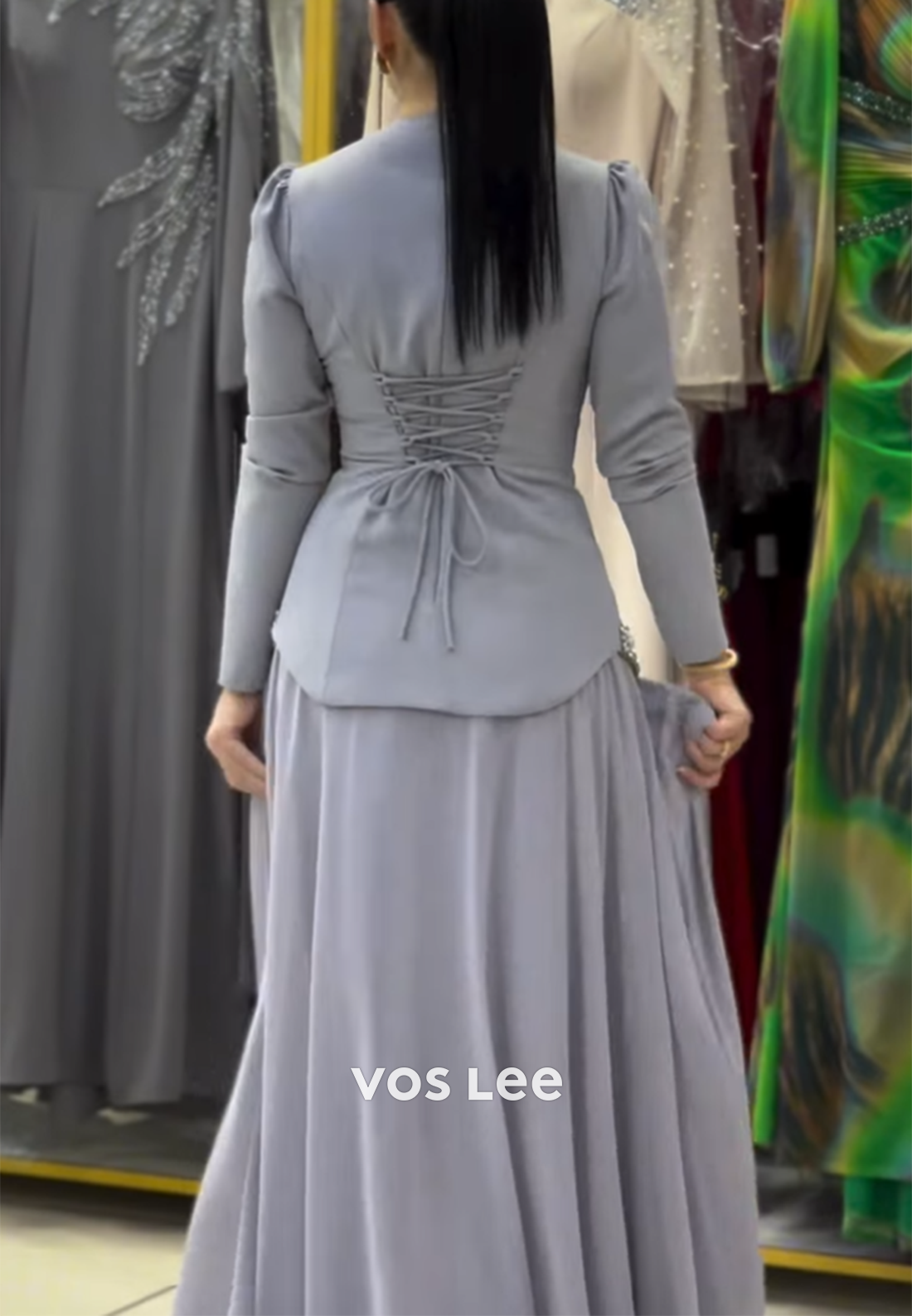 A-Line Long Sleeves Square Rhinestone Pleated Floor-Length Evening Dresses