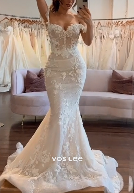 Spaghetti Straps Sweetheart Appliques Lace Trumpet Wedding Dresses with Sweep Train