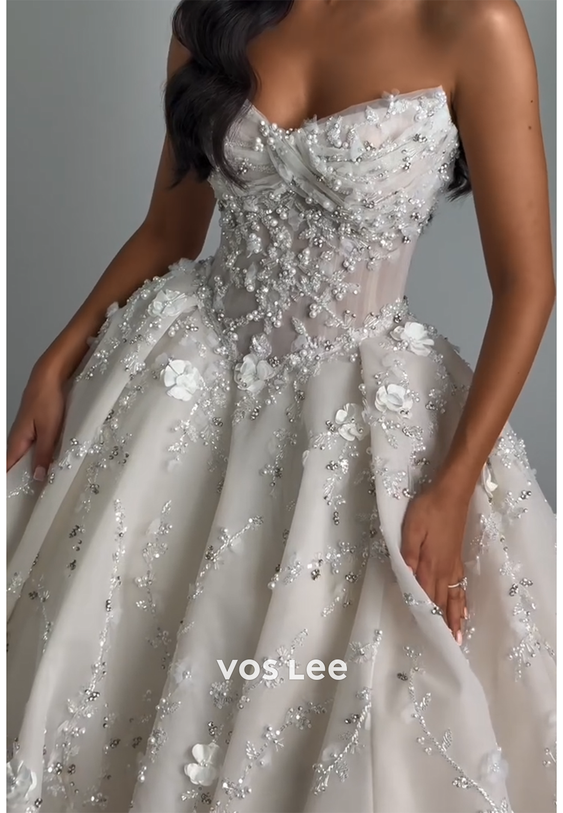 A-Line Strapless Tulle Sequins Pleated Wedding Dresses with Court Train