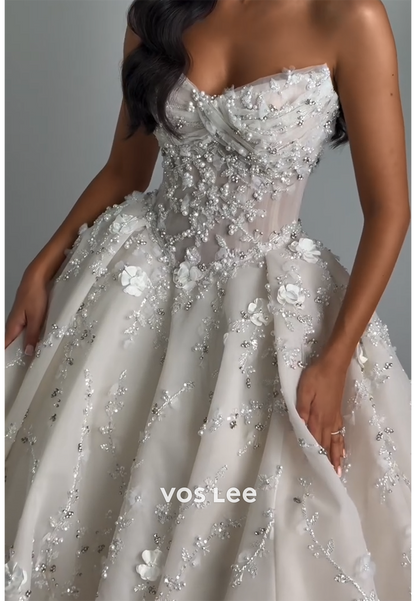 A-Line Strapless Tulle Sequins Pleated Wedding Dresses with Court Train