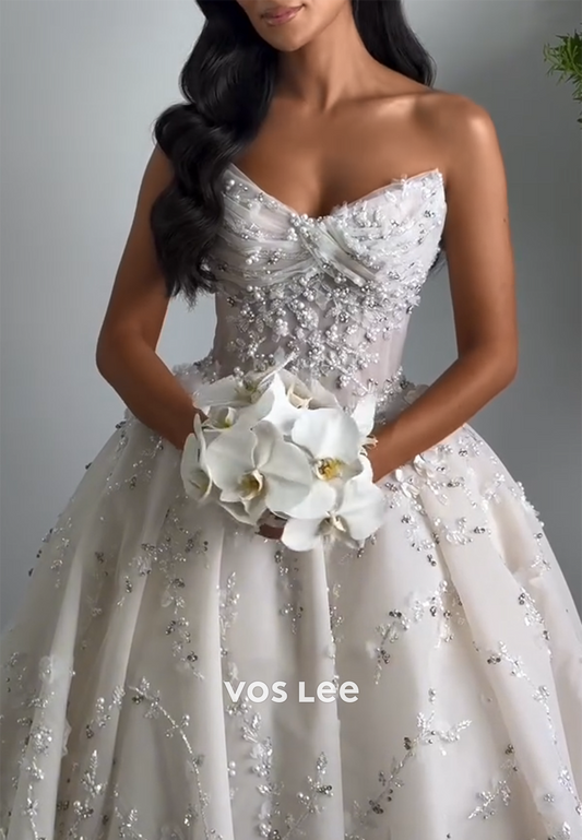 A-Line Strapless Tulle Sequins Pleated Wedding Dresses with Court Train