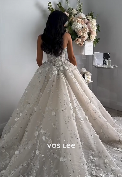 A-Line Strapless Tulle Sequins Pleated Wedding Dresses with Court Train