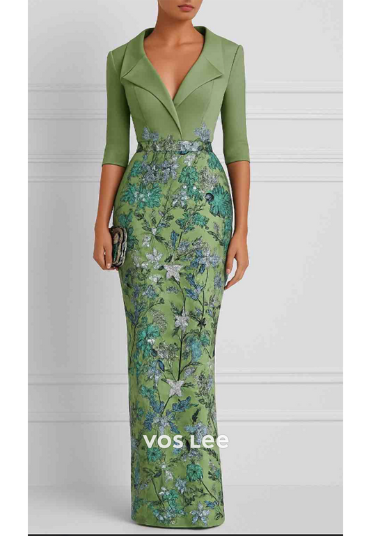 Half Sleeve V Neck Appliques Pleated Mermaid Evening Dresses
