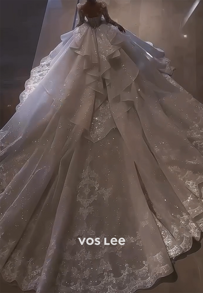 A-Line Long Sleeve High Neck Appliques Lace Wedding Dresses with Cathedral Train