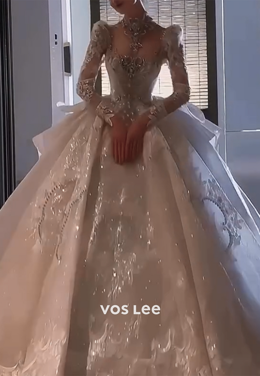 A-Line Long Sleeve High Neck Appliques Lace Wedding Dresses with Cathedral Train