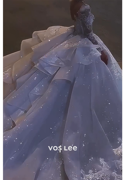 A-Line Long Sleeve High Neck Appliques Lace Wedding Dresses with Cathedral Train