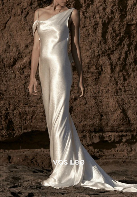 Backless Asymmetrical Pleated Mermaid Wedding Dresses with Sweep Train