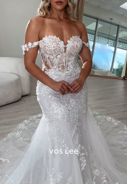 Couture Off the Shoulder Appliques Lace Mermaid Wedding Dresses with Sweep Train
