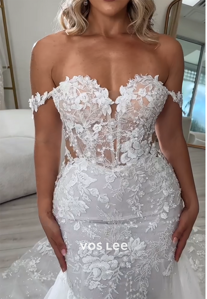 Couture Off the Shoulder Appliques Lace Mermaid Wedding Dresses with Sweep Train