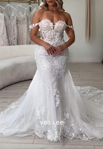 Couture Off the Shoulder Appliques Lace Mermaid Wedding Dresses with Sweep Train