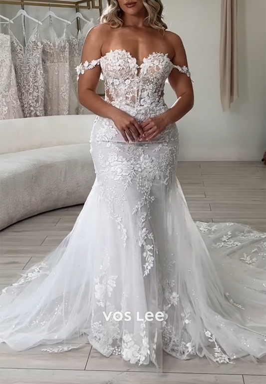 Couture Off the Shoulder Appliques Lace Mermaid Wedding Dresses with Sweep Train