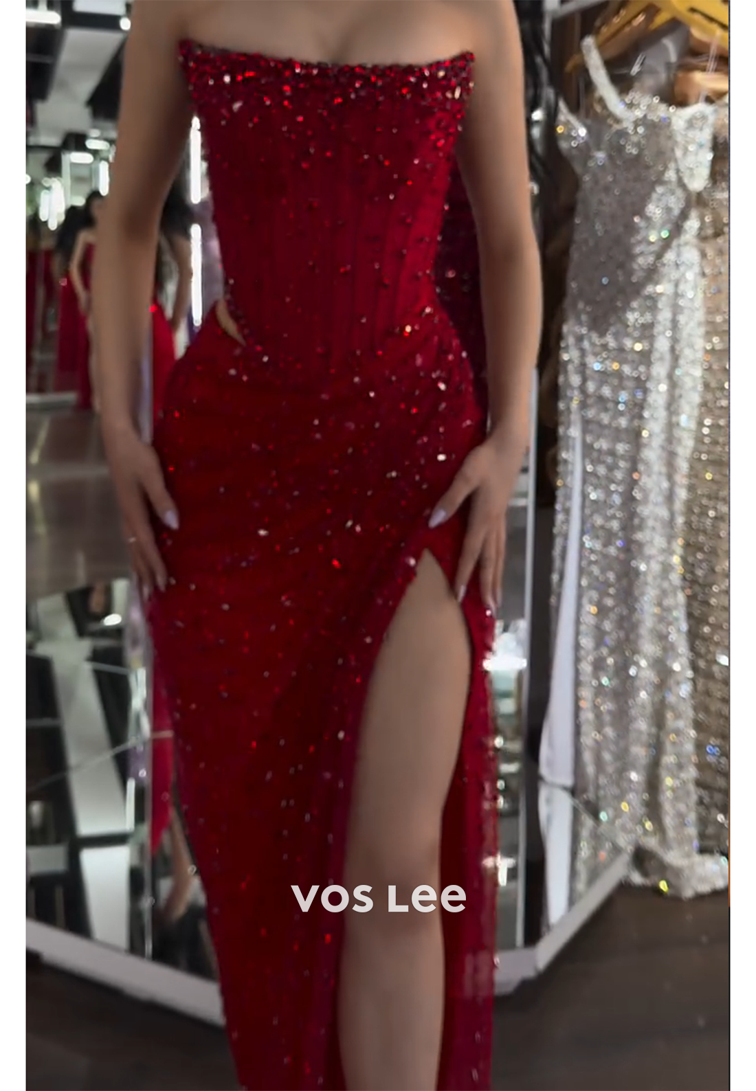 Sexy & Hot Scoop Strapless Rhinestone Mermaid Prom Dresses with High Split