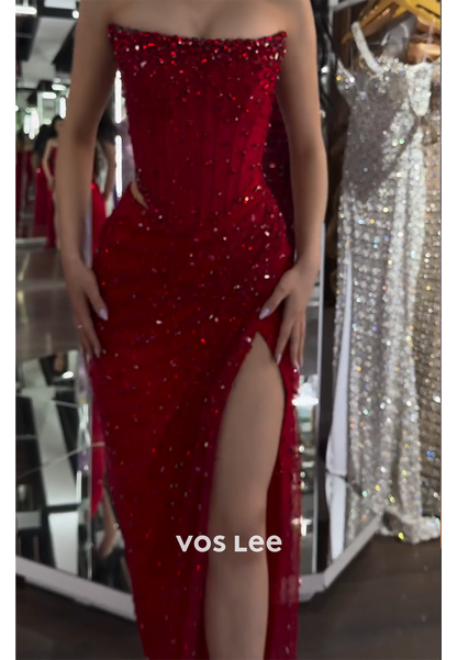 Sexy & Hot Scoop Strapless Rhinestone Mermaid Prom Dresses with High Split