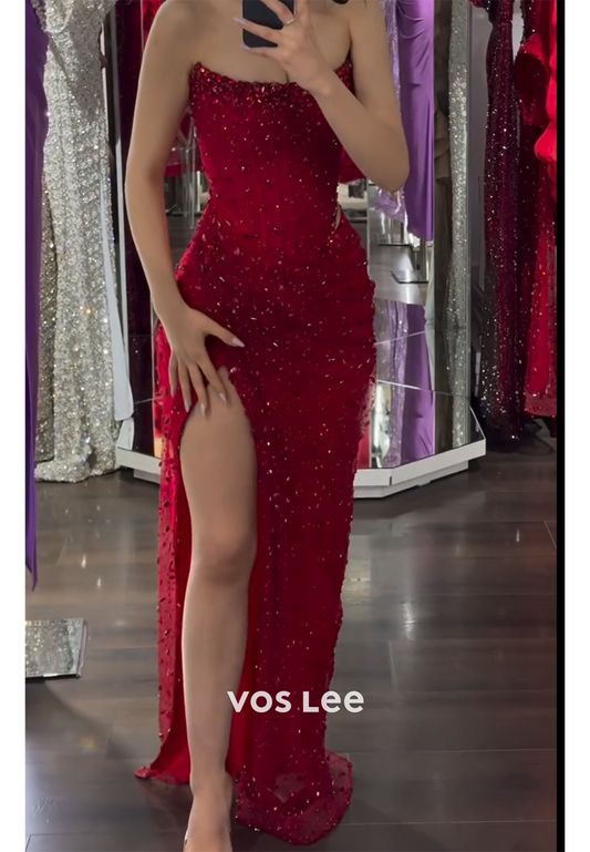 Sexy & Hot Scoop Strapless Rhinestone Mermaid Prom Dresses with High Split