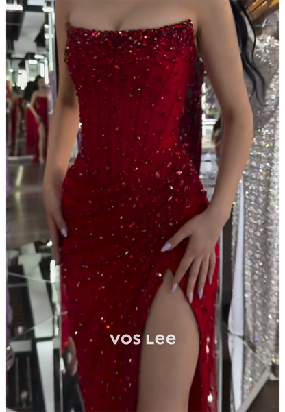 Sexy & Hot Scoop Strapless Rhinestone Mermaid Prom Dresses with High Split