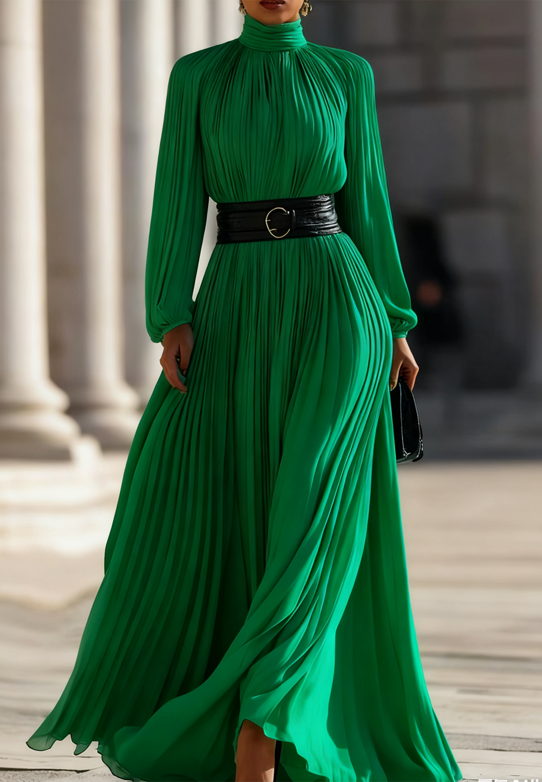 Pleated High-Neck Maxi Dress