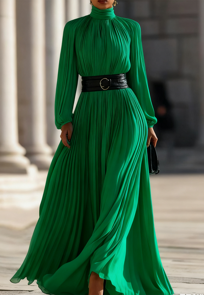 Pleated High-Neck Maxi Dress