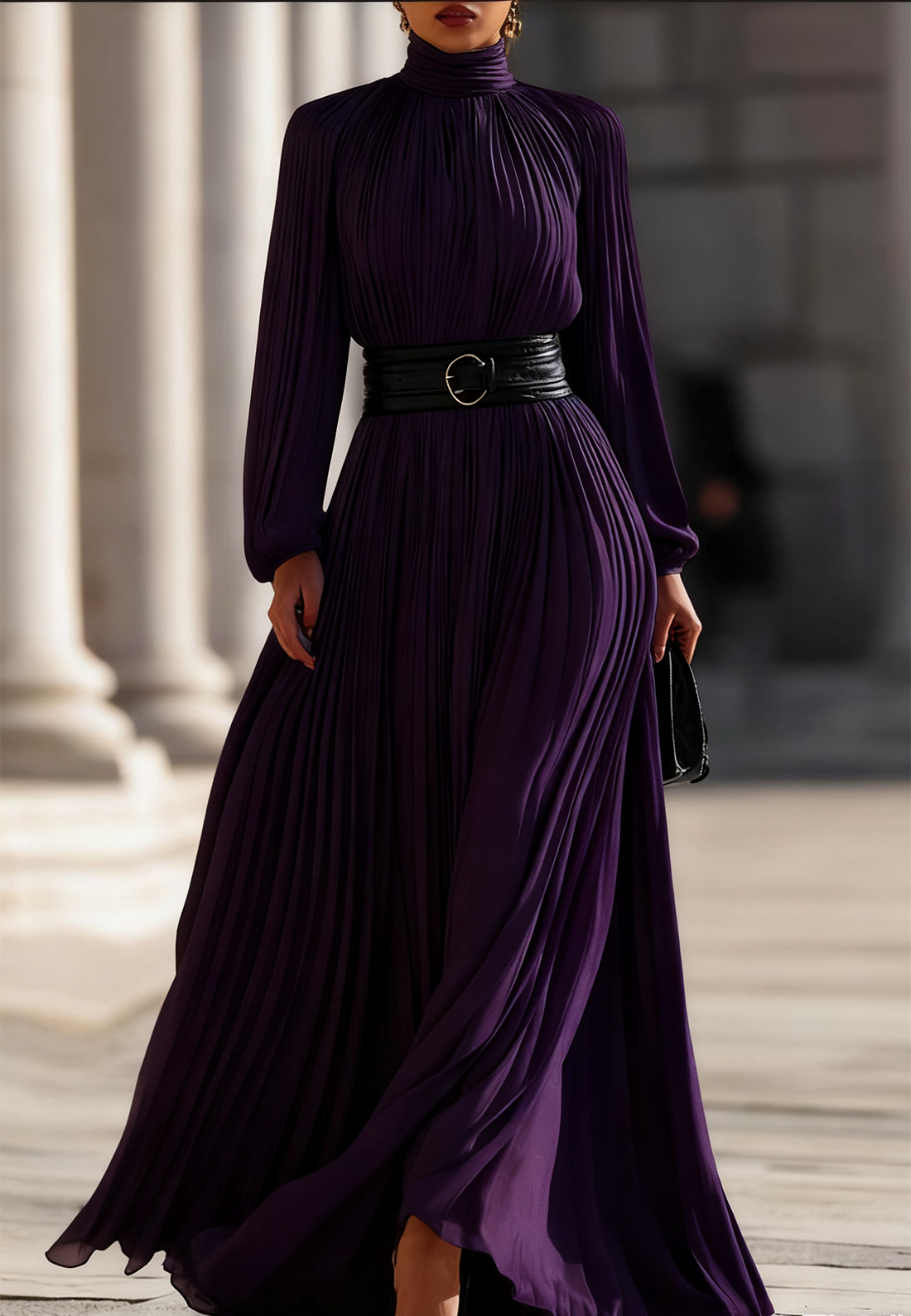 Pleated High-Neck Maxi Dress