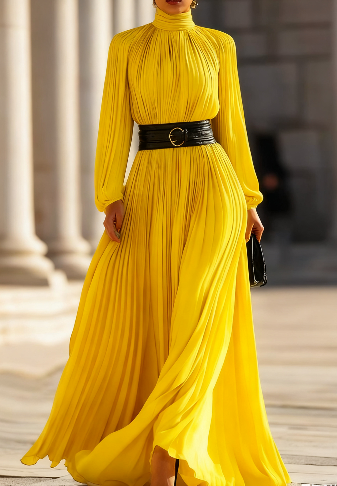 Pleated High-Neck Maxi Dress