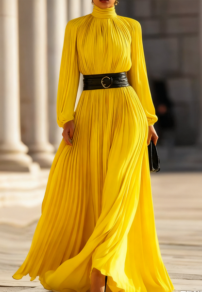 Pleated High-Neck Maxi Dress