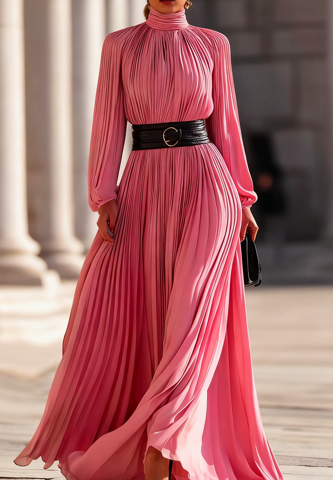 Pleated High-Neck Maxi Dress