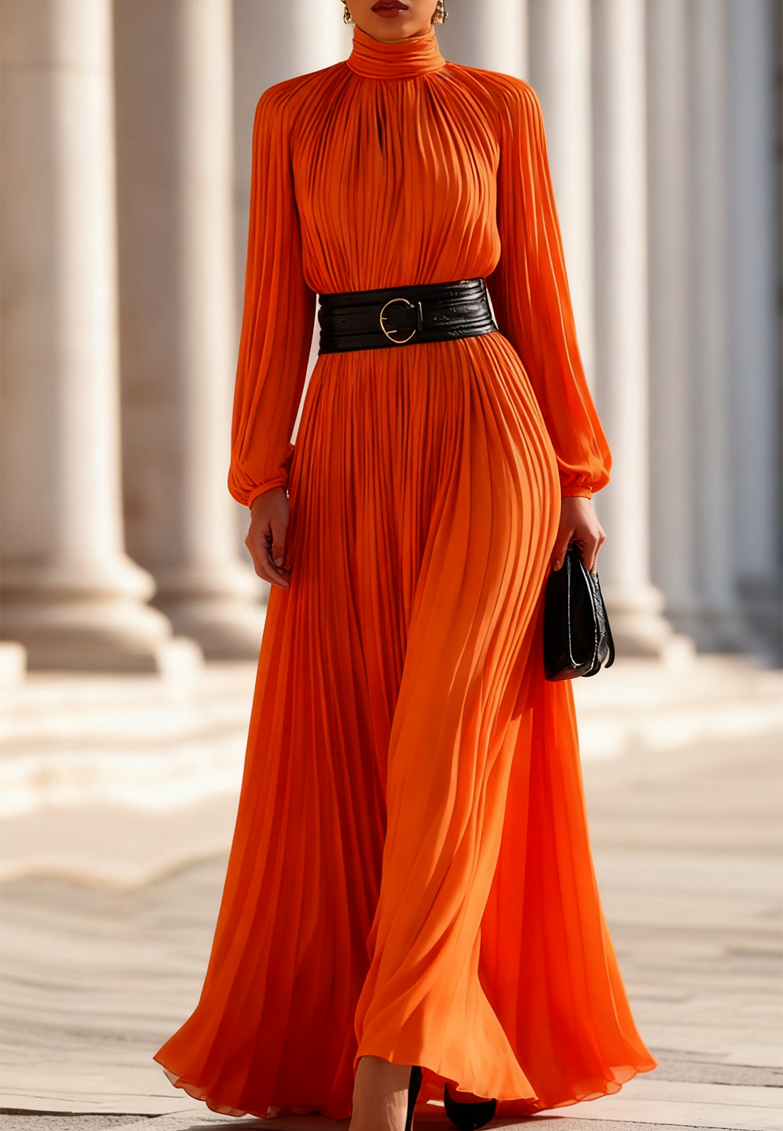 Pleated High-Neck Maxi Dress