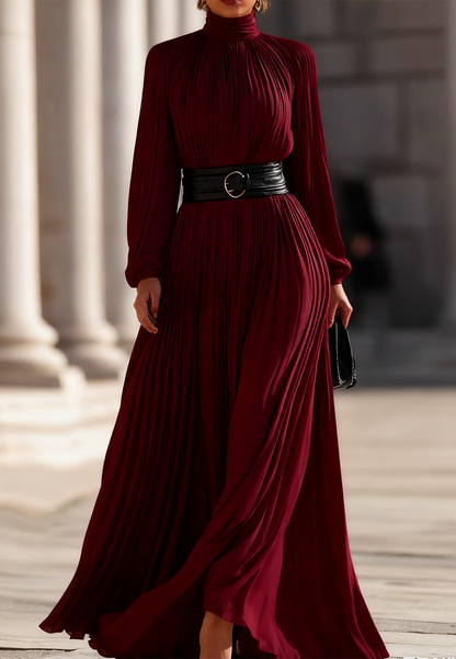 Pleated High-Neck Maxi Dress