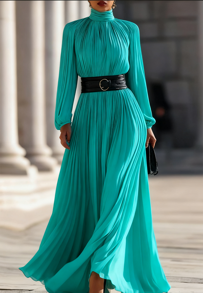 Pleated High-Neck Maxi Dress