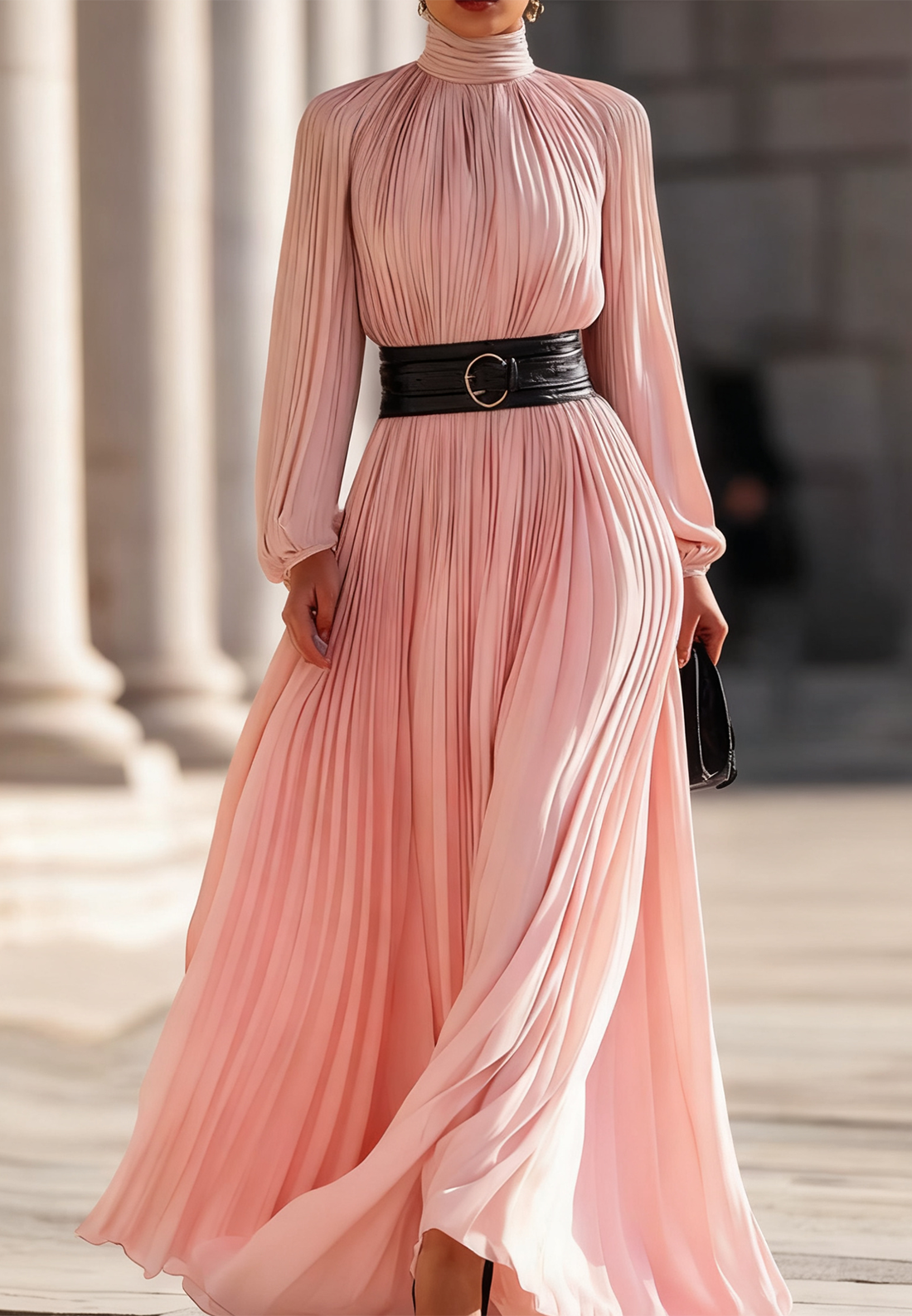 Pleated High-Neck Maxi Dress