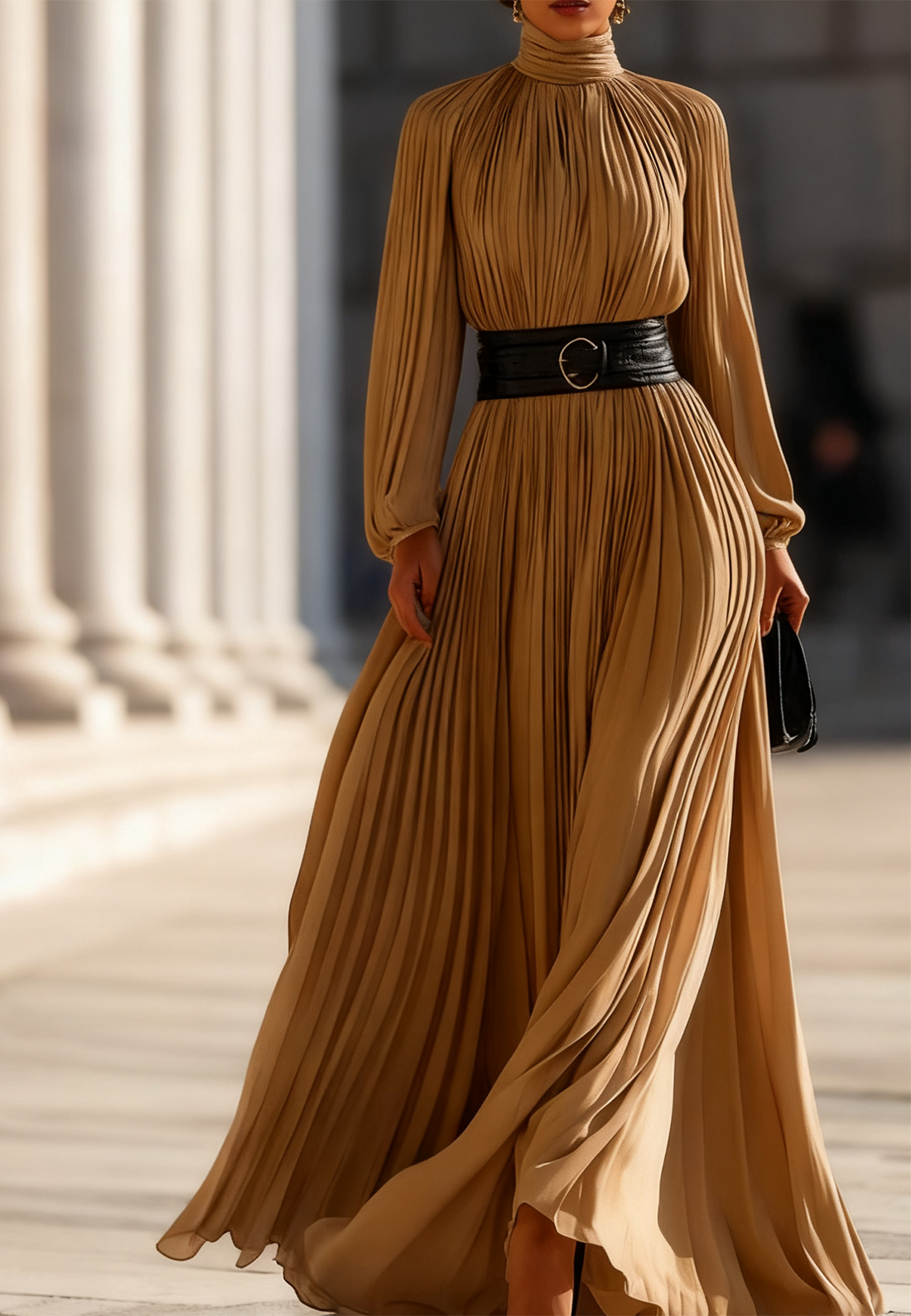 Pleated High-Neck Maxi Dress