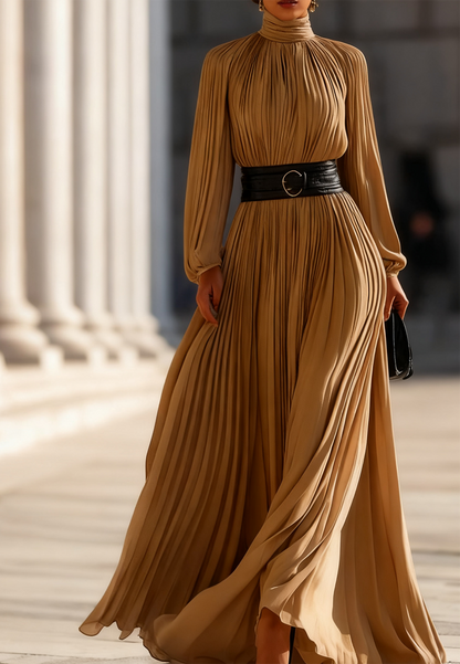 Pleated High-Neck Maxi Dress
