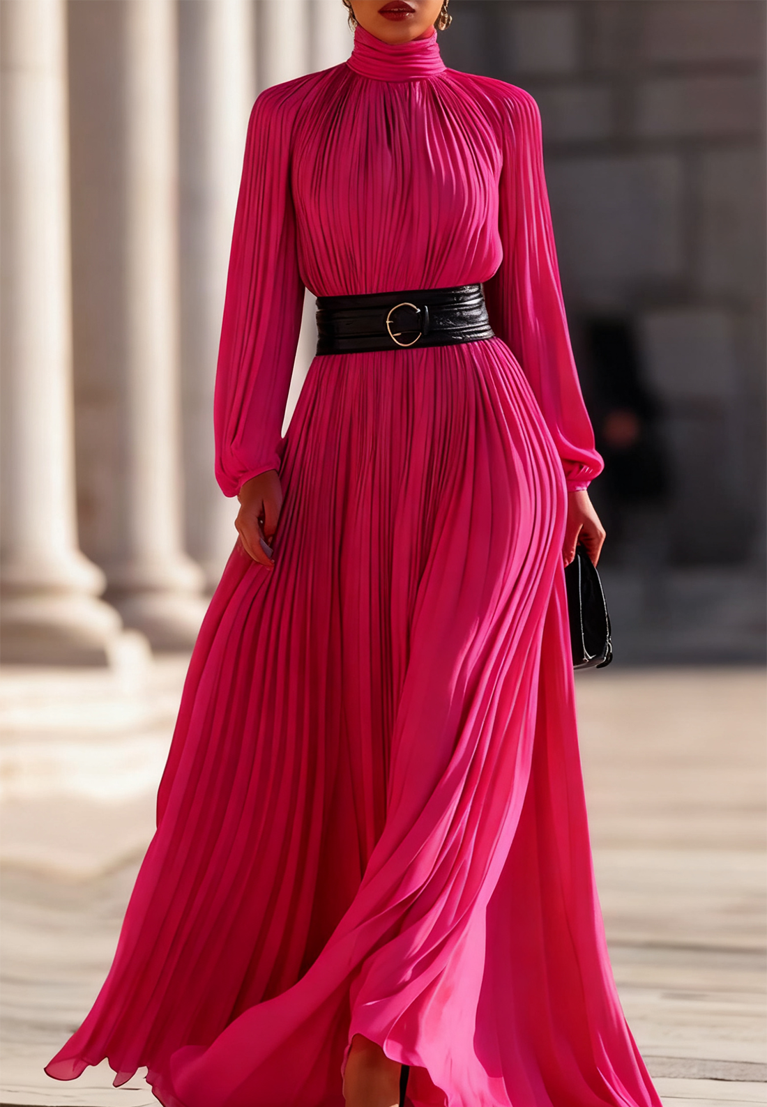 Pleated High-Neck Maxi Dress
