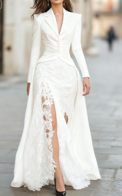 Elegant Tailored Blazer Panel Lace Gown