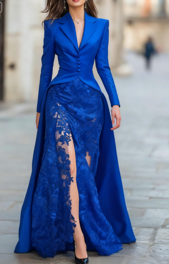 Elegant Tailored Blazer Panel Lace Gown