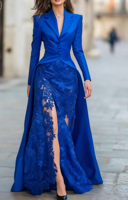 Elegant Tailored Blazer Panel Lace Gown