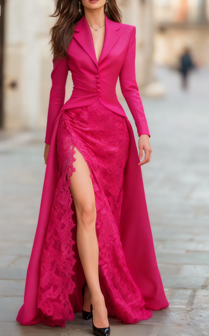 Elegant Tailored Blazer Panel Lace Gown