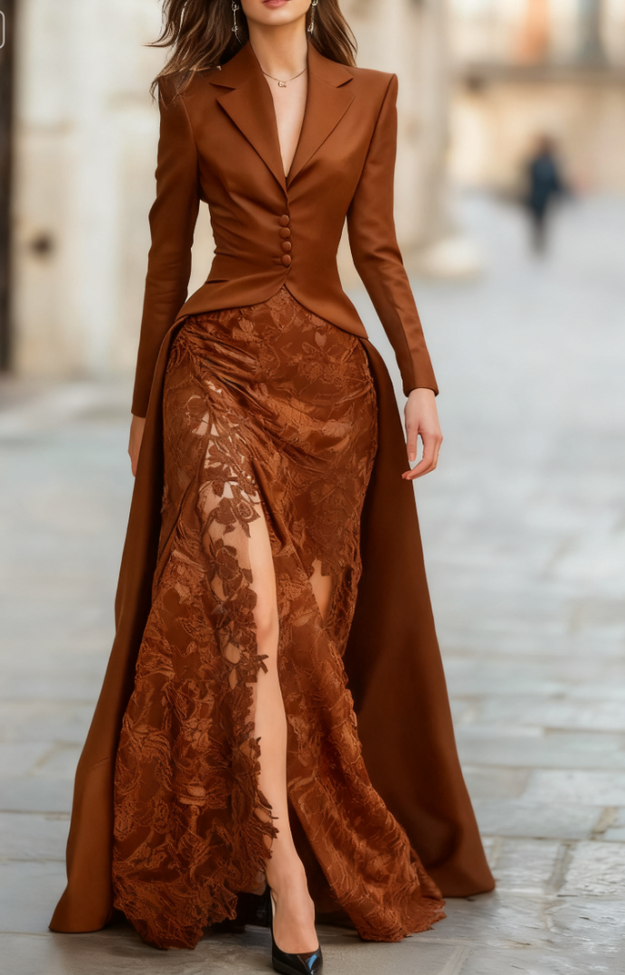 Elegant Tailored Blazer Panel Lace Gown Elegant Tailored Blazer Panel Lace Gown
