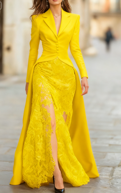 Elegant Tailored Blazer Panel Lace Gown